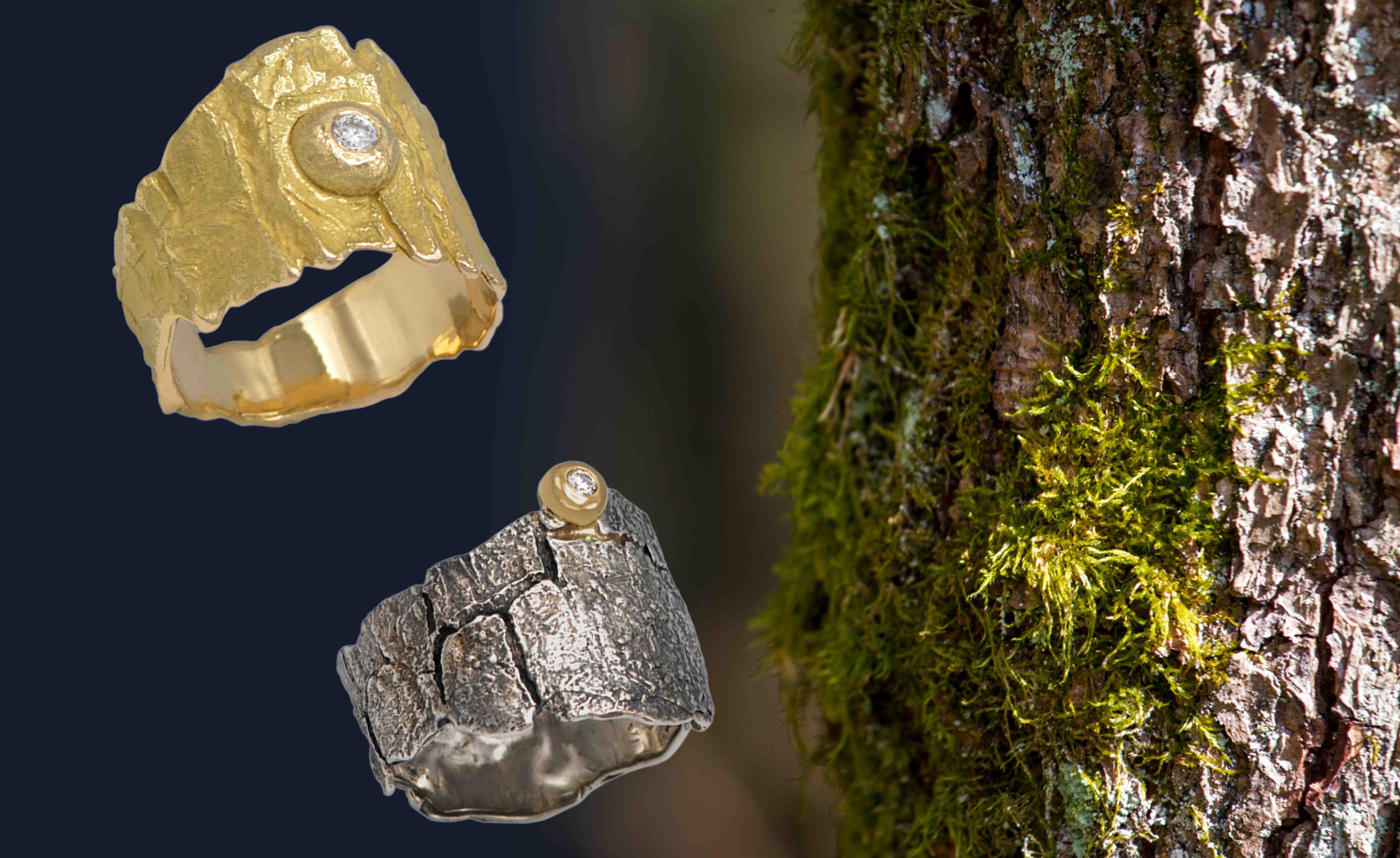 Bague écorce poirier diamant or jaune et argent