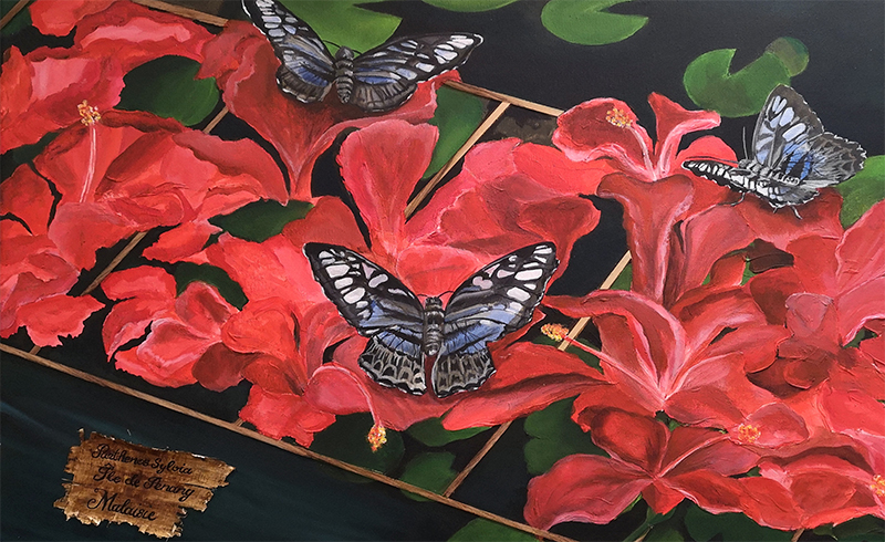 Tableau Célia Taillandier papillon bleu sur fleurs rouge