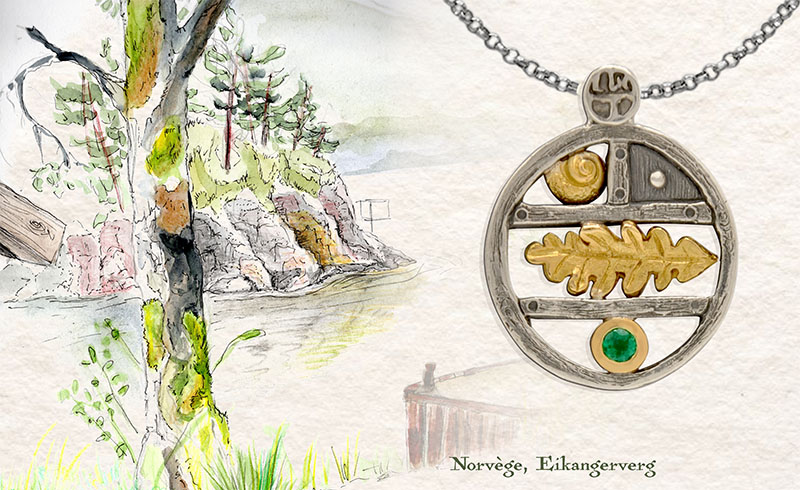  Carnet de voyages Celia Taillandier Norvège , pendentif ma malle aux trésors or et argent, emeraude 